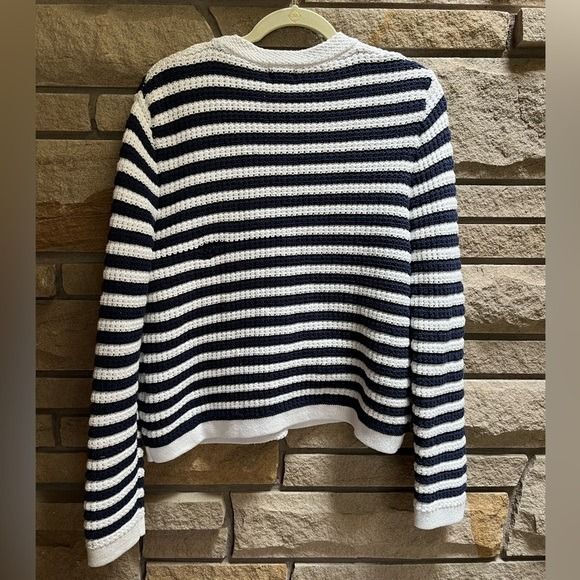 J.CREW Striped knit V-neck cardigan sweater Cotton Blue White Large coastal - Picture 4 of 10